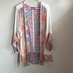 Embroidered Boho Open-Front Kimono- White with Multi-Color Accents